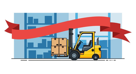 Forklift Loading Boxes in Warehouse with Red Ribbon Banner © Kamar