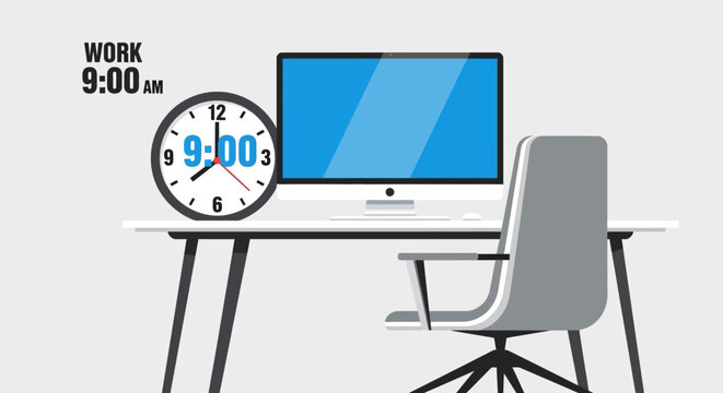 Workday start at 9 AM: Office desk with computer and clock, ready for business.