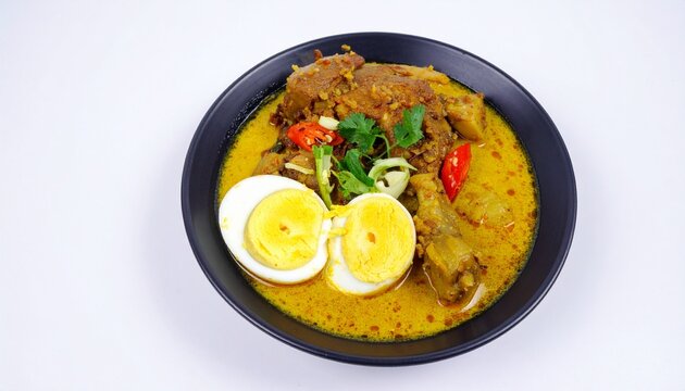 Gudeg Yogyakarta with chicken and egg, isolated on white background, traditional Indonesian cuisine
