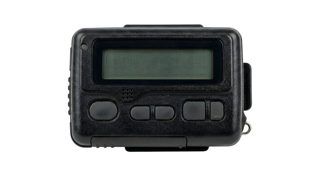 Vintage black electronic pager device for old school wireless communication and messaging from the nineties isolated on transparent background
