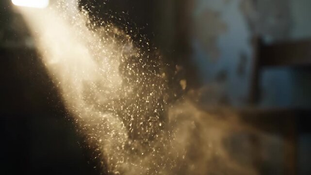 Dust particles illuminated by a beam of sunlight in a dark room, creating a magical and ethereal atmosphere.
