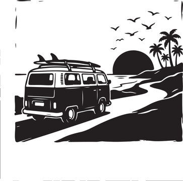 Vintage van, surf van, beach scene, black and white illustration, vector graphics