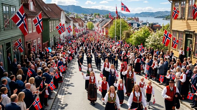 Norwegian Constitution Day Parade with People in Traditional Bunad and National Flags in a Scenic Coastal Town