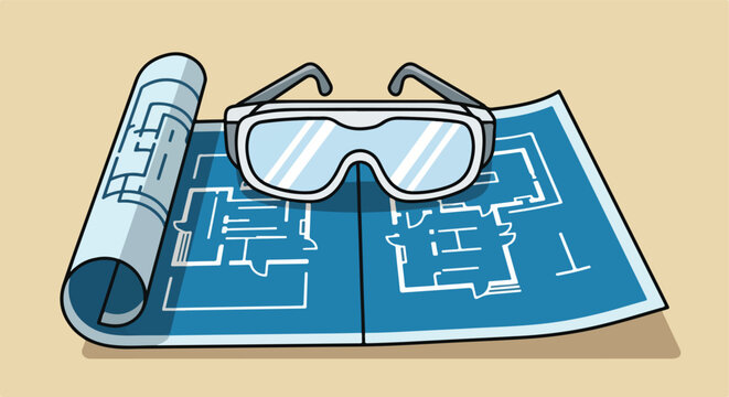 Safety glasses on a blue blueprint with floor plans, partially rolled up on beige