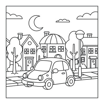 Suburb featuring a small car on a residential street under the crescent moon coloring page