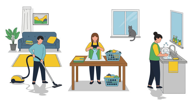 Family doing household chores: cleaning, laundry, washing dishes