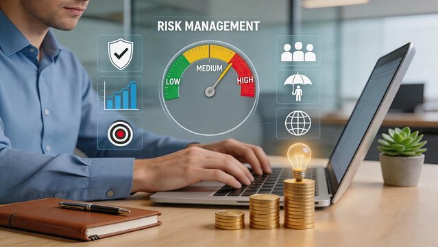 Risk management dashboard with gauge meter indicating low medium high levels, business strategy assessment tool, financial security and insurance concept, corporate planning and