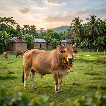 Traditional Decorated Zebu Bull in a Tropical Village Farm Landscape at Sunset