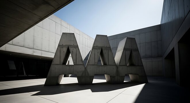 Monumental Aaa logo concrete sculpture in brutalist building
