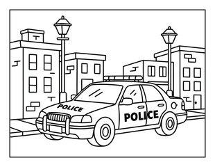 Cop automobile driving on a city street at night under bright lamp posts in this fun coloring page © Crafter