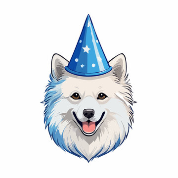Happy Samoyed Dog Wearing a Blue Party Hat