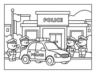 Policeman standing near a patrol car at the station for children to enjoy a creative coloring page © Crafter