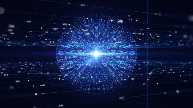Futuristic blue neural network sphere emitting bright light particles. Perfect concept for artificial intelligence, quantum computing, digital cyberspace, and global data communication.