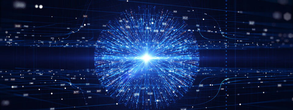 Futuristic blue neural network sphere emitting bright light particles. Perfect concept for artificial intelligence, quantum computing, digital cyberspace, and global data communication.