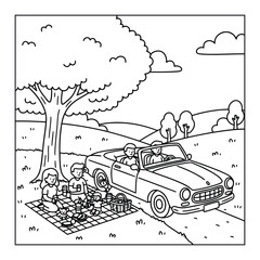 Convertible parked on a grassy field near a family having a picnic under a tree on a coloring page © Crafter