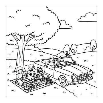 Convertible parked on a grassy field near a family having a picnic under a tree on a coloring page