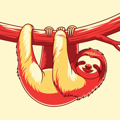 Obraz premium Cartoon red and yellow sloth happily hangs upside down from a branch, smiling