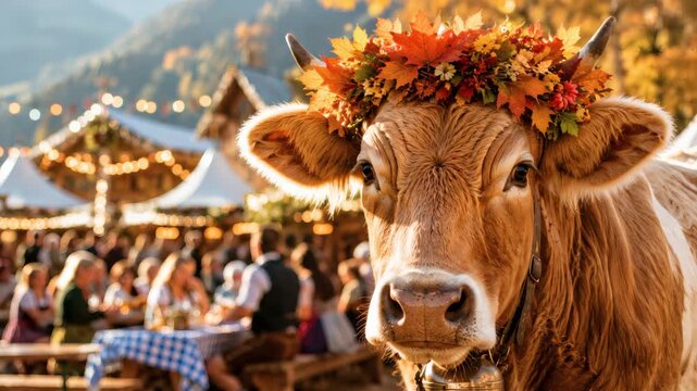 Decorated cow stands at an autumn festival with mountain scenery, reflecting rural traditions, harvest celebrations and seasonal tourism.