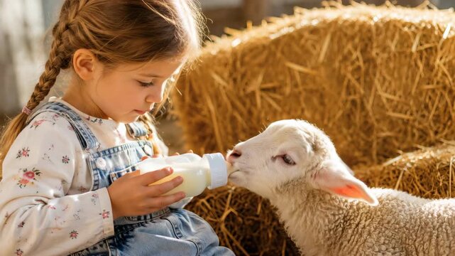 Young girl feeds a baby sheep with a bottle in a barn, showing care, rural childhood, animal welfare and farm life learning.