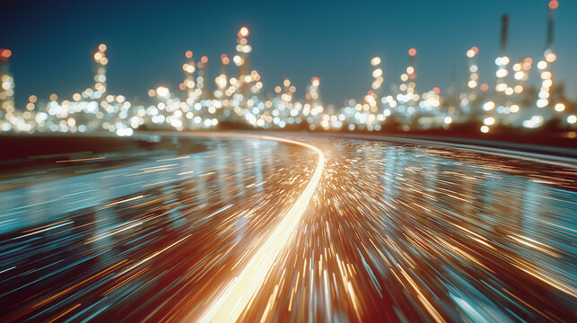 Energy Corridor at Dusk: A vibrant energy trail blazes through a landscape of industrial towers and refineries as night falls, with blurred lights creating a dynamic sense of motion and progress.