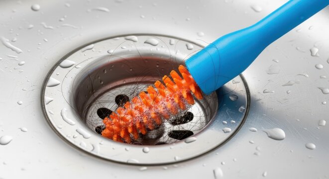 Flexible plastic drain stick inserted into a silver kitchen sink drain to clear clogs and remove hair and soap scum buildup, essential, coil, tubular
