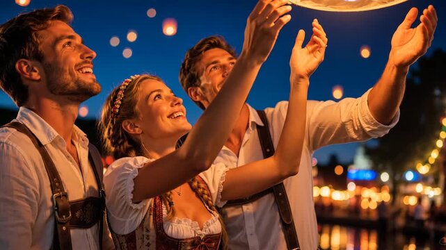 Three adults launch a glowing paper lantern at an evening gathering, symbolizing joy, cultural events, travel memories and social connection.