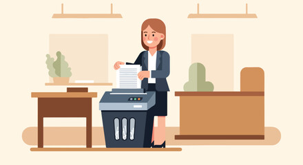 Fototapeta premium Flat design illustration of a smiling woman shredding documents in an office
