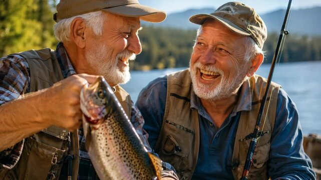 Two older anglers celebrate a successful catch near a mountain lake, showing outdoor recreation, retirement lifestyle and weekend bonding.