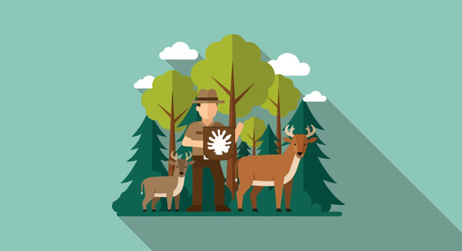Forest ranger or conservationist holding animal track sign with wild deer in woodland environment vector illustration