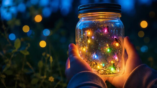 Hands hold a glass jar with glowing insects at dusk, suggesting outdoor exploration, curiosity, nature observation and evening leisure.