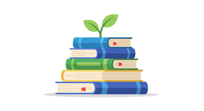 Stack of textbook with green leaf sprout growing concept of education and knowledge growth flat vector illustration