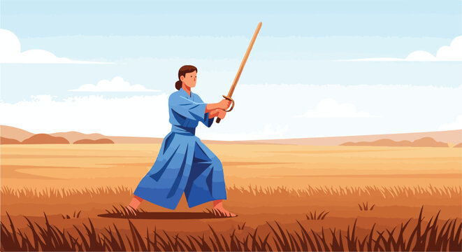 Woman in blue gi and hakama practices with a wooden sword in a vast, grassy field