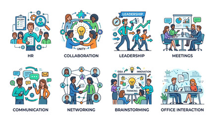 Fototapeta premium Business teamwork icons set, colorful illustrations for collaboration and leadership