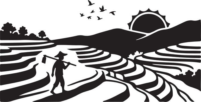 Black silhouette farmer, rice field landscape, agricultural scene, vector illustration