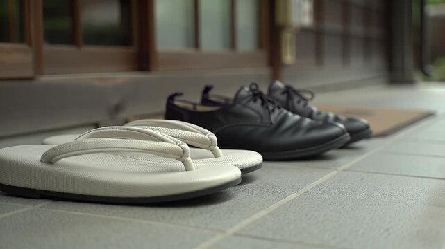 Shoes Placed by Doorway Before Entering Traditional House