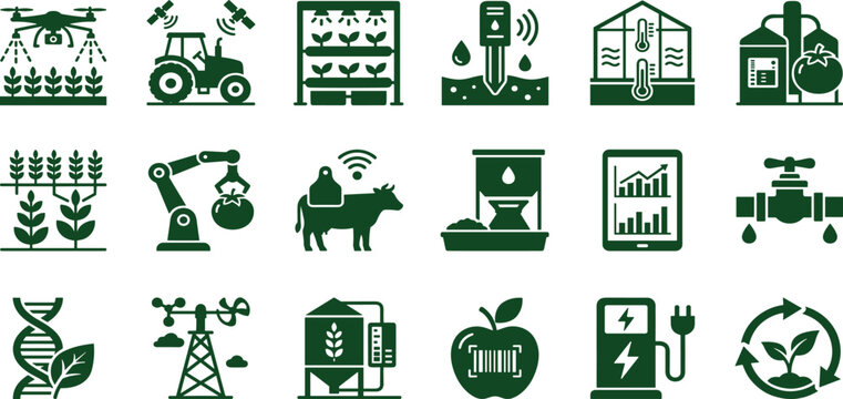 Smart Agriculture and Digital Farming Icon Set Featuring Drone Technology Satellite Navigation Hydroponics and Sustainable Food Production Systems