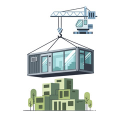 Fototapeta premium A construction crane lifting a modular container unit for building