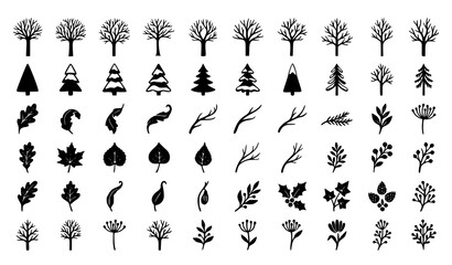 Minimal Winter Tree and Leaf Silhouettes Vector Set in Scandinavian Botanical Style © MDShahinuddin