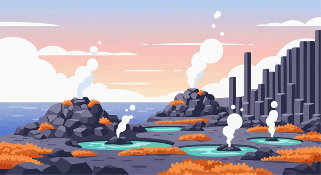 Futuristic landscape with steam vents and cityscape.
