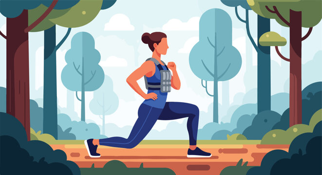 Illustration of woman doing lunge with weighted vest in a stylized park setting