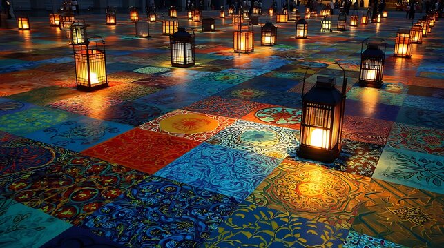 Lanterns on colorful tile floor at night patchwork glowing lights mosaic tiles