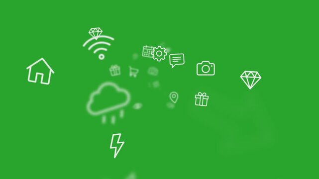 Web social media icons ui elements animated on a green screen chroma key background.  smooth modern perfect top visual assets cgi clean style great stock compositing texture best studio digital