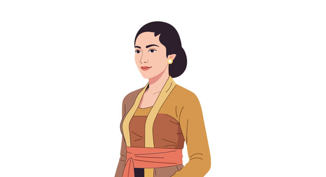 Indonesian Javanese Woman in Traditional Kebaya Dress and Sanggul Haircut Vector Illustration