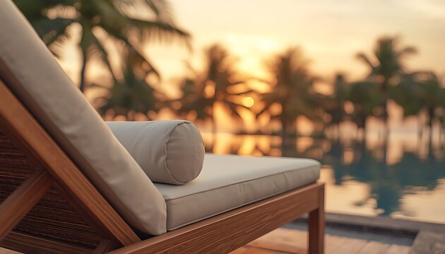 Chaise lounge by a pool during sunset, tropical resort
