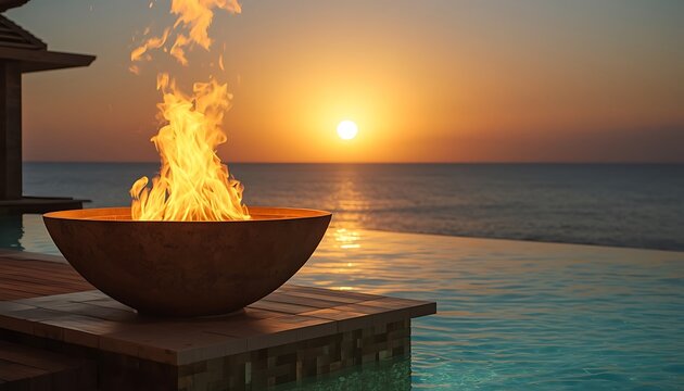 Fire pit by infinity pool at sunset ocean view golden hour
