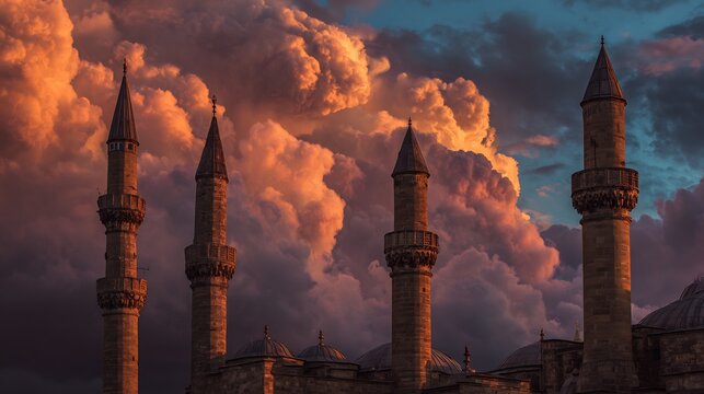 Mosque minarets under dramatic orange cloudy sky architecture Islamic religion