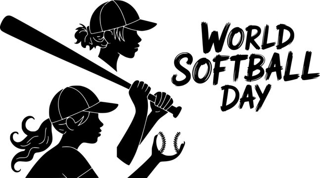 World Softball Day black silhouette of two female softball players with bat and ball in bold minimalist design, perfect for women's sports events, posters, and championship promotions