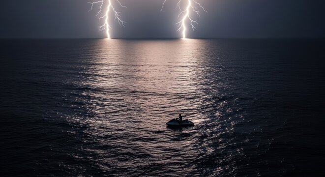 Stormy sea with lightning and boat.