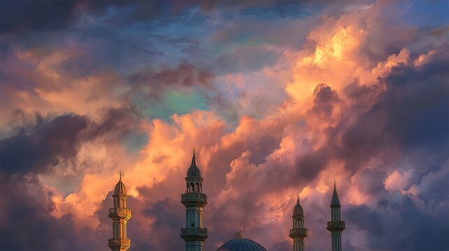Islamic mosque towers at sunset with colorful clouds minarets sky architecture