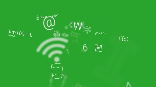 Mixed technology web mathematical symbols animated on a green screen chroma key background.  compositing clip production super Seamless top epic high raw computer flying imagery hd dynamic